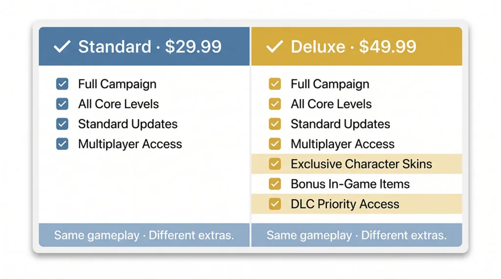 Rogrand525 PC price comparison — Standard Edition at $29.99 vs Deluxe Edition at $49.99 with full feature breakdown for PC buyers
