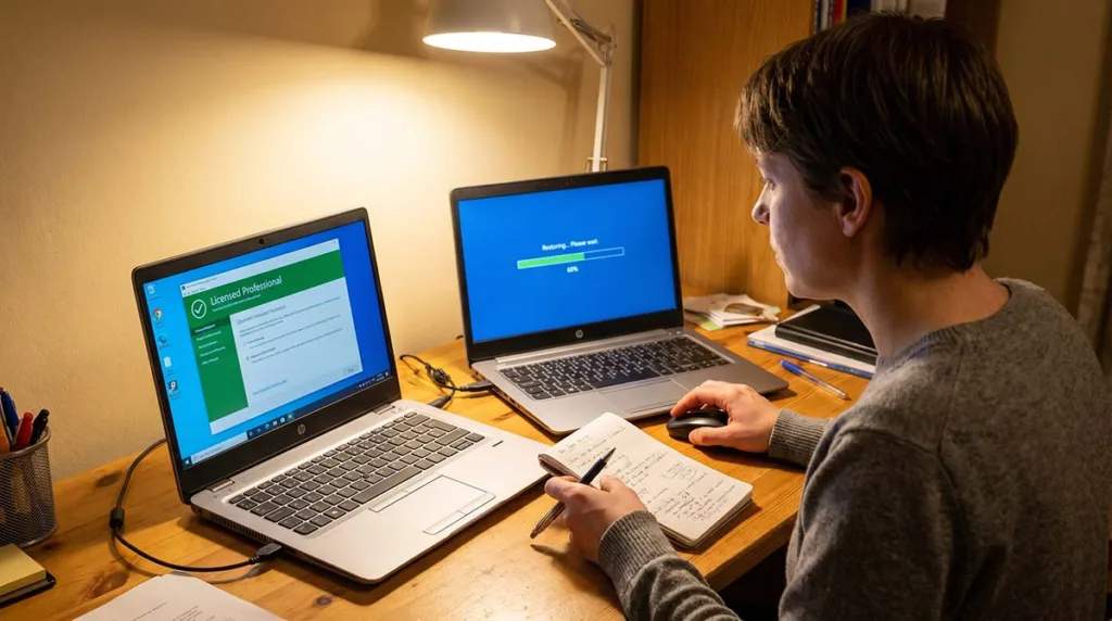 IT professional running a software restore test on a secondary laptop while reviewing the original installation on a second screen