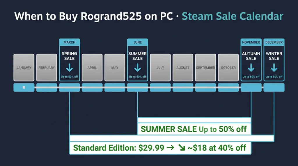 Steam seasonal sale calendar showing when Rogrand525 on PC drops in price — Spring, Summer, Autumn and Winter sale windows with up to 50% off