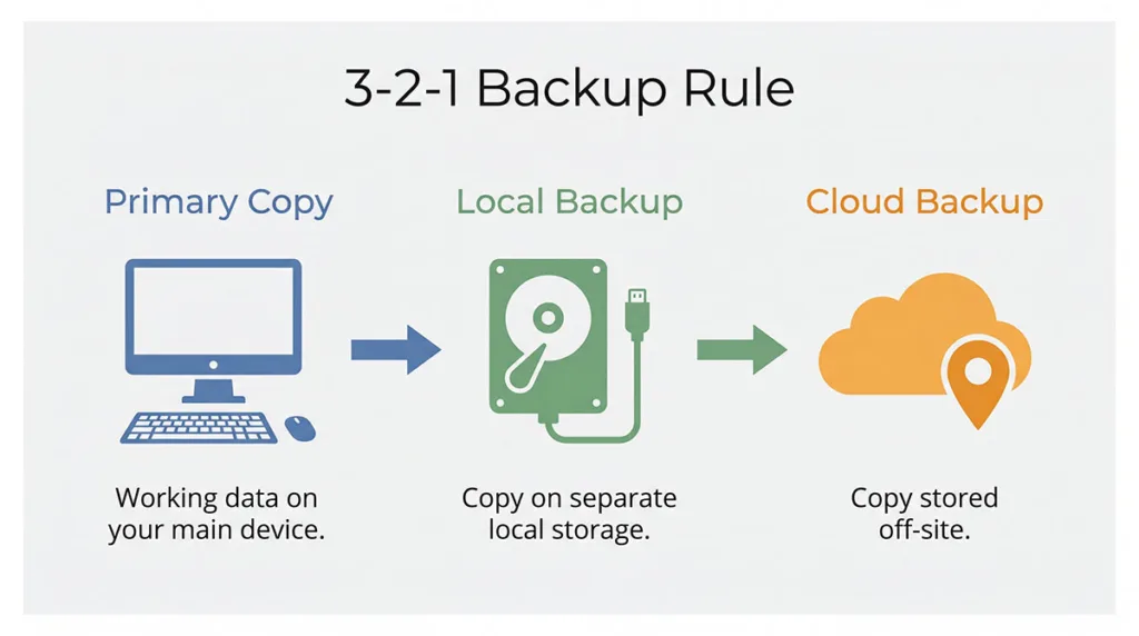 Simple diagram showing the 3-2-1 backup rule with one primary copy, one local backup on external drive, and one cloud backup off-site