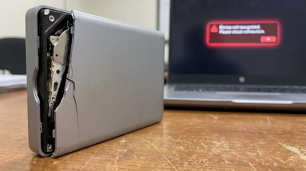 Cracked external hard drive on a desk next to a laptop showing a data recovery error message
