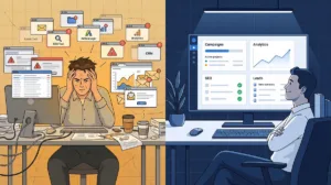 Why GenBoosterMark Software Is So Popular: A 2026 Study 25 Split-screen illustration showing a marketer overwhelmed by five disconnected marketing tools on the left versus one clean GenBoosterMark dashboard on the right