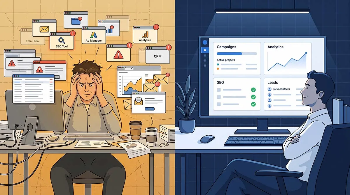 Split-screen illustration showing a marketer overwhelmed by five disconnected marketing tools on the left versus one clean GenBoosterMark dashboard on the right