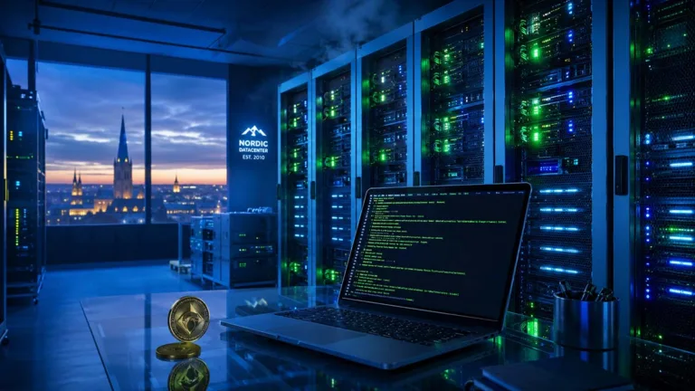 Linux VPS server rack with cryptocurrency coin and terminal, representing crypto-funded VPS hosting